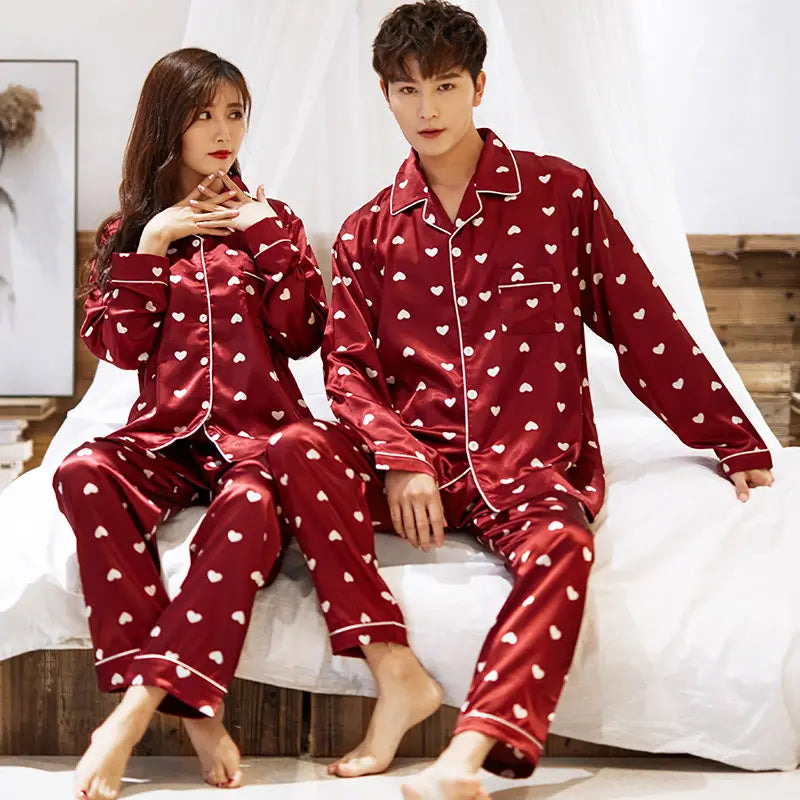 Lovers Print Dot Pajamas Set Couples Satin Pijamas Sleepwear Men&Women Causal Pyjamas Nightwear Plus Size 3XL 4XL Home Longewear