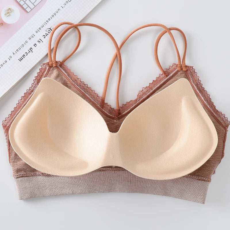 Gingham Lace Cross-Back Bralette Wireless Wrap Bra Sexy Lingerie Stretchy Beauty Cross Back Underwear Plaid Lace Trim Tube Bra