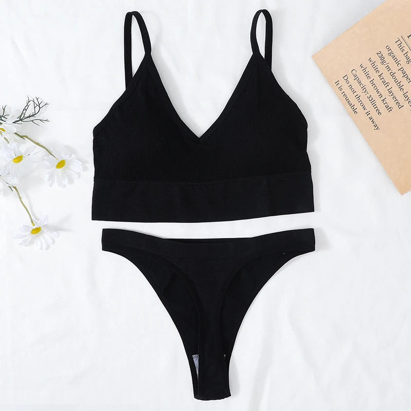 Women Bra And Panties Set U Back Bra Seamless Underwear Sport Cropped Top Low Waist Thongs Sexy Lingerie Set Fitness Crop Top