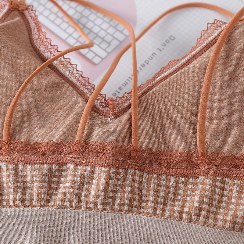 Gingham Lace Cross-Back Bralette Wireless Wrap Bra Sexy Lingerie Stretchy Beauty Cross Back Underwear Plaid Lace Trim Tube Bra