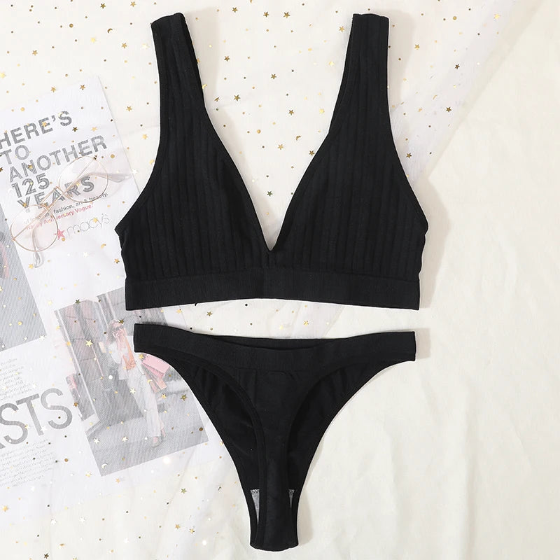 Women Seamless Bra And Panties Set Sexy Ribbed Bra Top Low Waist Thongs Wire-free Brassiere No Pads Comfort Intimates M-XL