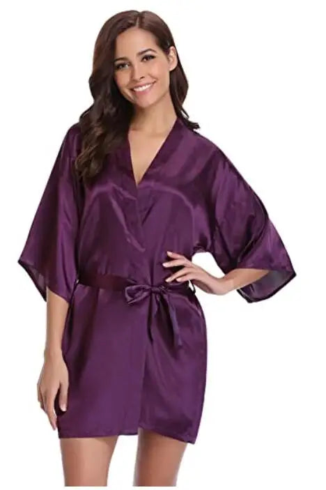 New Silk Kimono Robe Bathrobe Women Silk Bridesmaid Robes Sexy Navy Blue Robes Satin Robe Ladies Dressing Gowns