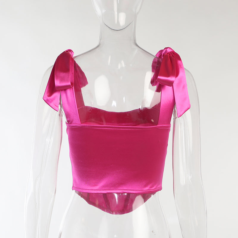 Women's Stain Bustier Tops Solid Color Bow Tie Strap Sleeveless Boned Corset Tops Summer Streetwear Tank Tops