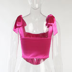 Women's Stain Bustier Tops Solid Color Bow Tie Strap Sleeveless Boned Corset Tops Summer Streetwear Tank Tops
