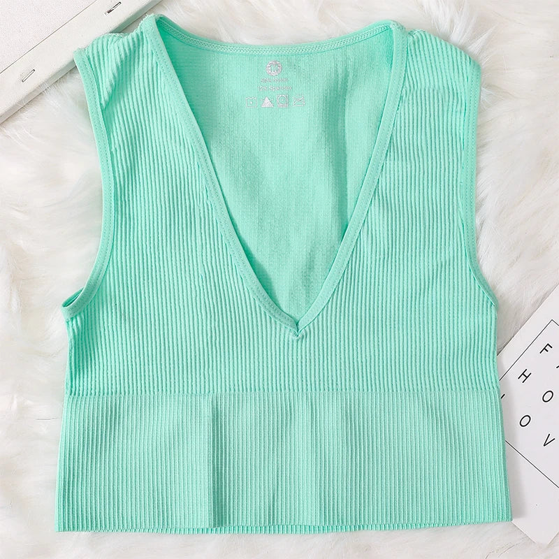 Summer Crop Top Women V-Neck Tanks Sexy Lingerie Sleeveless Short Tee Rib Fitness Underwear Sport Seamless Bra Tops Camisole