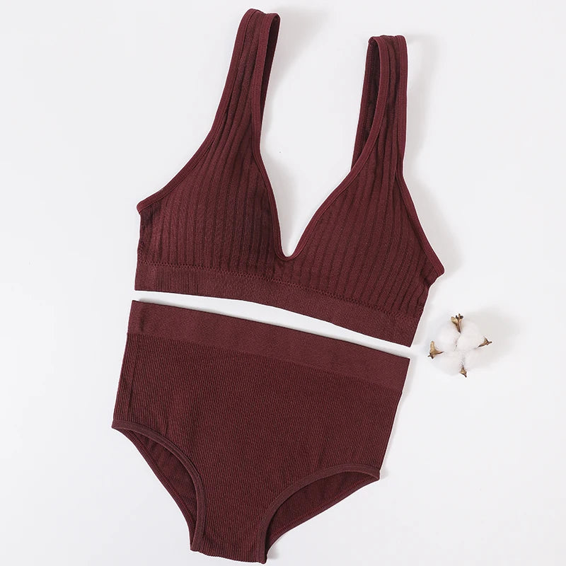 Women's Seamless Bra Panties Set Female Wirefree Brassiere Top Sports Underwear High Waist Briefs V Neck Sexy Lingerie Set