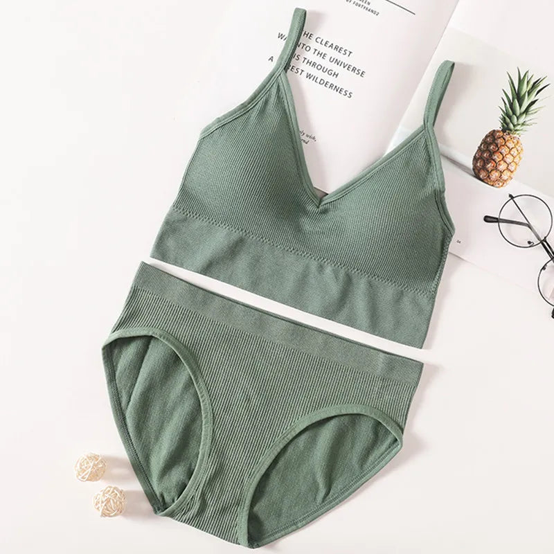 Women Bra Panties Set Seamless Bra Cropped Bralette Crop Top Low Back Brassieres Sexy Lingerie Push Up Bra Sexy Underwear Set