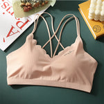 Scalloped Wave V Neck Rib Bralette Women Underwear Fixed Thin Shoulder Straps Detachable Heart Shape Foam Pads Lounge Inner Bra