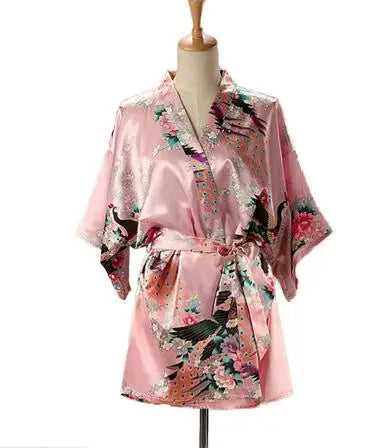 Lace Up Woman Peacock Print Japanese Kimono Yukata Silk Satin Short Style Sleepwear Home Nightgown Bath Robe Costume