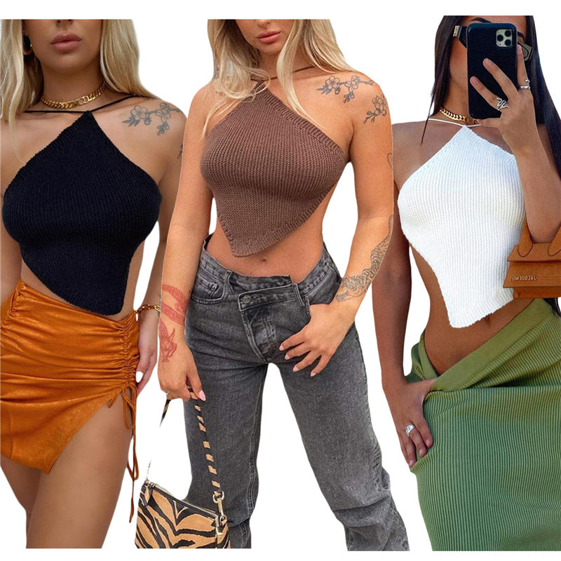 Summer Ladies Sexy Backless Chest Wrap Women Solid Color Hanging Neck Lace-Up Sleeveless Knitted Camisole Irregular Hem Top