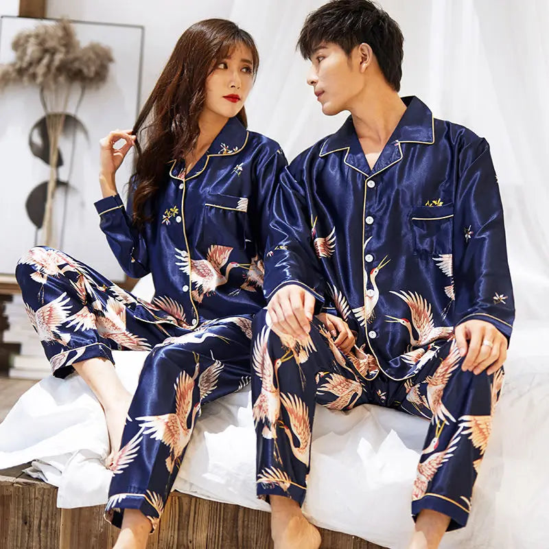 Lovers Print Dot Pajamas Set Couples Satin Pijamas Sleepwear Men&Women Causal Pyjamas Nightwear Plus Size 3XL 4XL Home Longewear
