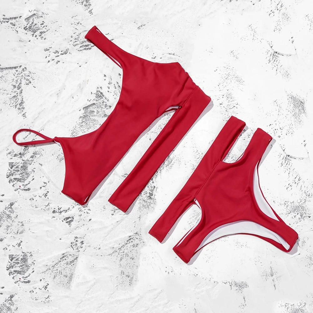 ZTVitality Solid Sexy Bikinis High Waist Bikini 2021 Hot Sale Asymmetry Straps Hollow Out Swimsuit Female Swimwear Women Biquini