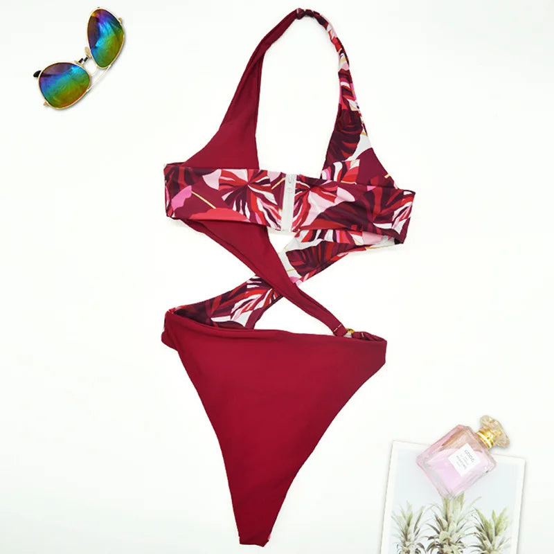 2025 Sexy High Cut Out Halter Female Swimwear One Piece Swimsuit Women Cross Bandage Monokini Bather Bathing Suit Swim Beachwear