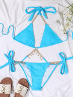 Sexy Luxury Bikini 2026 Women Crystal Rhinestones Push Up Micro Swimsuit Neon Orange Metal Chain Diamond High Cut Thong Swimwear