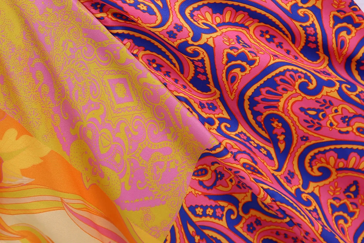 Foridol Paisley Print Batwing Sleeve Kimono Maxi Long Dress Floral Print Half Sleeve Boho Autumn Dress Orange Belt Slit Dress