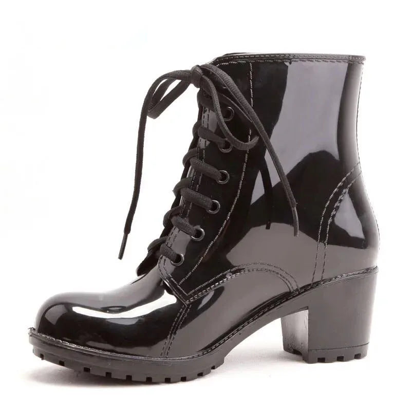Women's Ankle Rain Boots Autumn Oxford Plain Shoes Woman Dress Zipper Shoe Formal OL High Heels Lady Black Footwear 2019