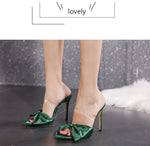 2025 Silk Butterfly Knot Women PVC Slippers Mule 11cm High Heels Slippers Luxury Sandals Pointed Toe Strappy Slides Party Shoes