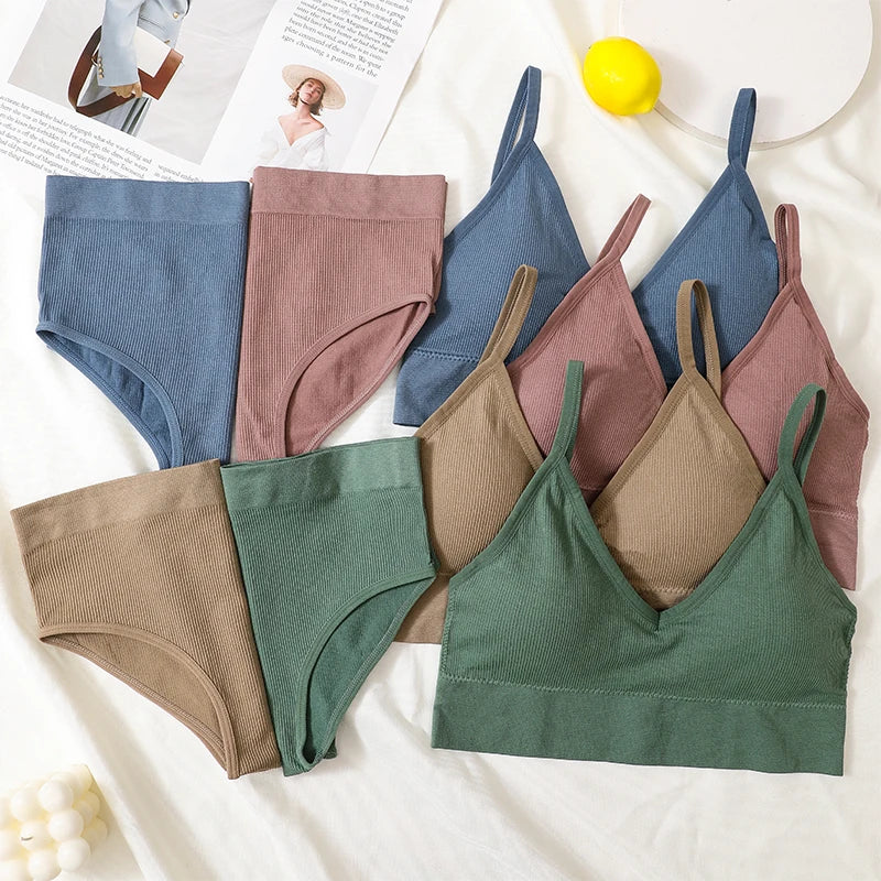 Women Bra And Panty Set Low Back Bra High Waist Briefs Female Sexy Lingerie Set Wire Free Brassiere Seamless Underwear Crop Top