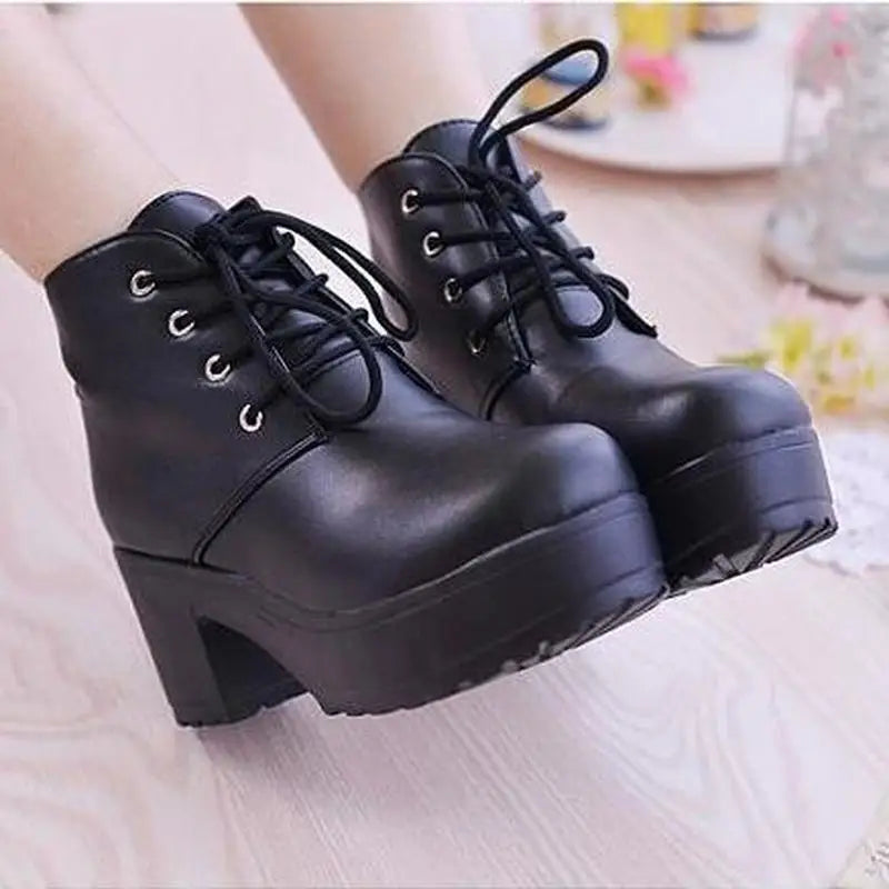g4 Women's Single Boots New Horse Boots Square Heel Round Toe Spring High Heel Boots Lace-Up Plus Size 35-45