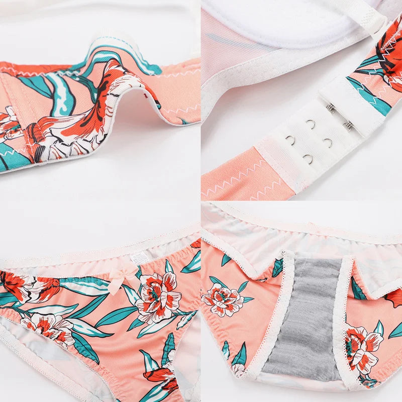 Floral Printed Bra Women's Underwear 2-piece set Removable shoulder strap Gathering Bralette Steel Ring Bras Lingerie Suit