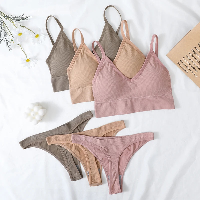Women Sports Bra And Panties Set Seamless Bra U-Back Crop Top High Rise G-String Panties Thongs Underwear Sexy Lingerie Set