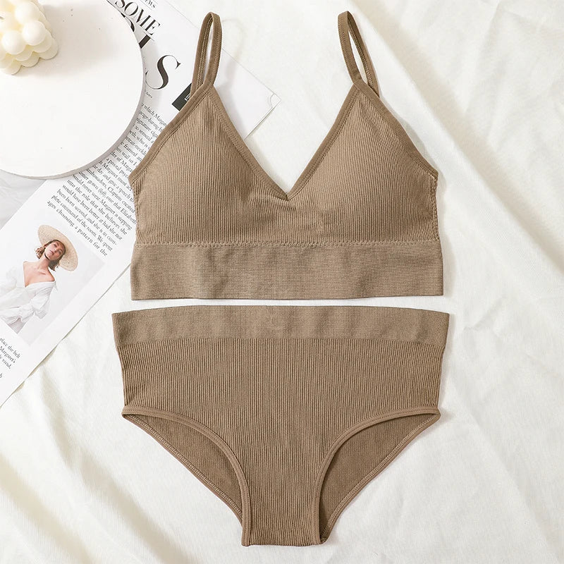Women Bra And Panty Set Low Back Bra High Waist Briefs Female Sexy Lingerie Set Wire Free Brassiere Seamless Underwear Crop Top