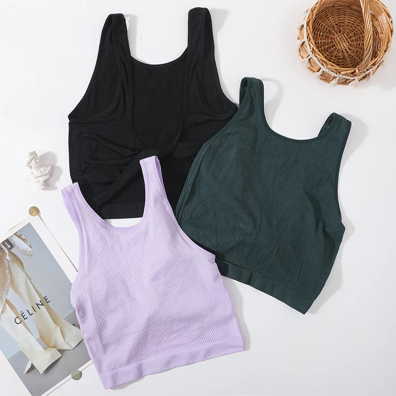 Women Rib Crop Top Seamless Tank Tops Sexy Underwear Deep V Streetwear Cropped Tee Summer Deep V Sports Camisole