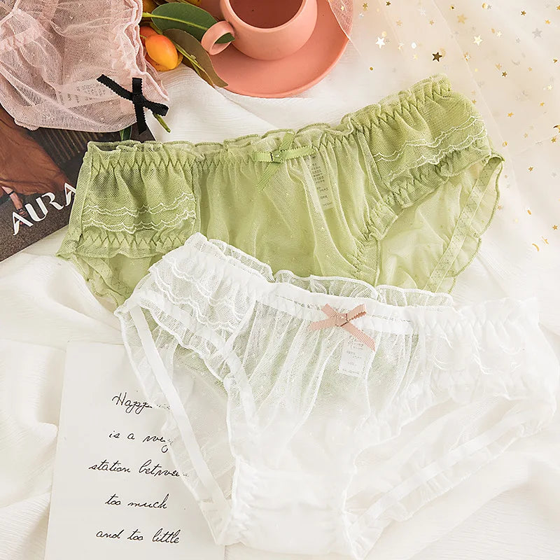 Cute Bowknot Girl's Knickers Transparent Mesh Yarn Ladies Panties Elastic Ruffled Edge Seamless Cotton Crotch Women's Brieifs
