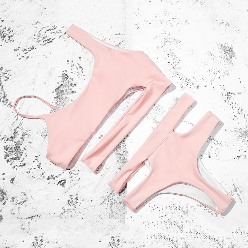 ZTVitality Solid Sexy Bikinis High Waist Bikini 2021 Hot Sale Asymmetry Straps Hollow Out Swimsuit Female Swimwear Women Biquini