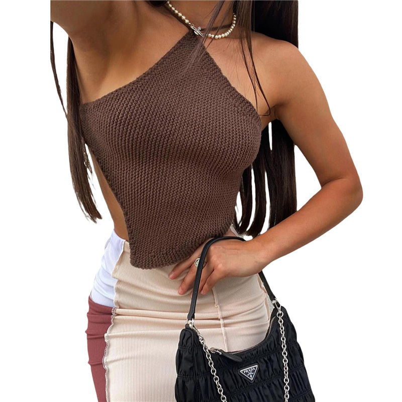 Summer Ladies Sexy Backless Chest Wrap Women Solid Color Hanging Neck Lace-Up Sleeveless Knitted Camisole Irregular Hem Top
