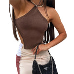 Summer Ladies Sexy Backless Chest Wrap Women Solid Color Hanging Neck Lace-Up Sleeveless Knitted Camisole Irregular Hem Top