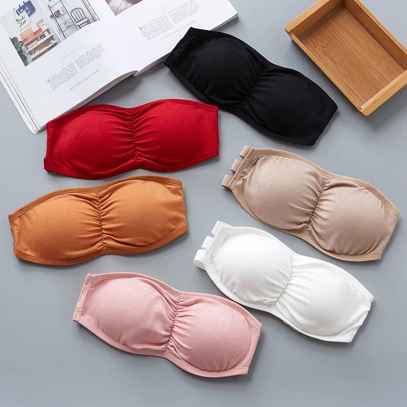 Women Ribbed Strapless Bandeau Bra Anti-Slip Ruched Tube Top Bra Removable Breathable Pads Adjustable Back Hooks One Size