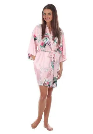 Wholesale Flower&Peacock Kimono Bathrobe Women Satin Soft Sleepwear Sexy Mini Bride Bridesmaid Wedding Robe Dressing Party Gown