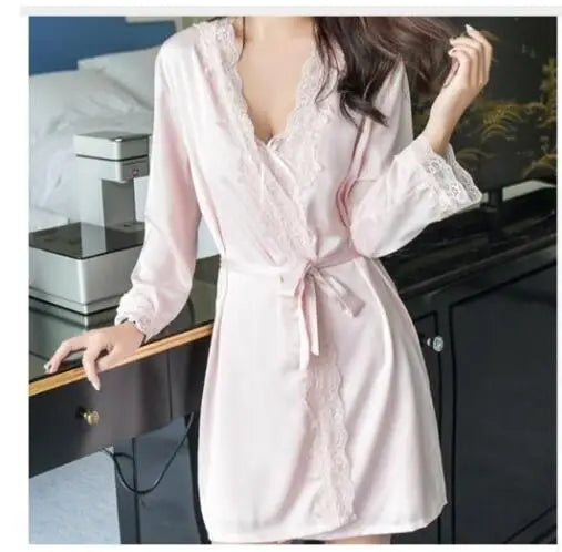 Women's Satin Silk Woman Lace Robe Female Lace Bathrobe Womens Robes Sleepwear Ladies Sexy Robe For Women Drop Shipping