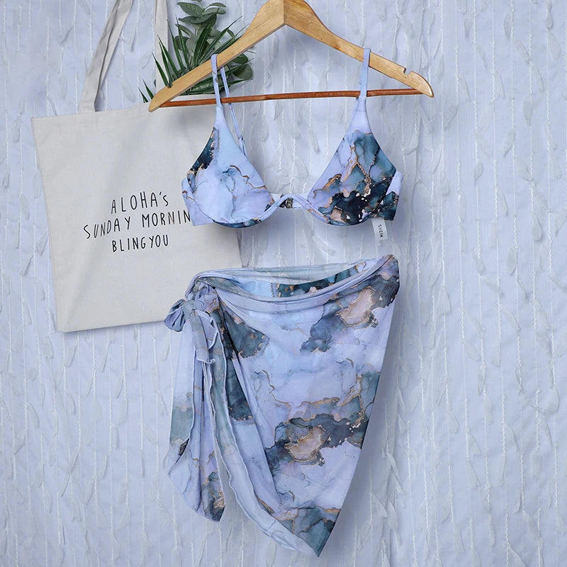 Marble Print V-Bar Underwired Bikini Women Swimsuit Female Swimwear Three-pieces Bikini Set Push Up Bathing Suit Beach Sarong