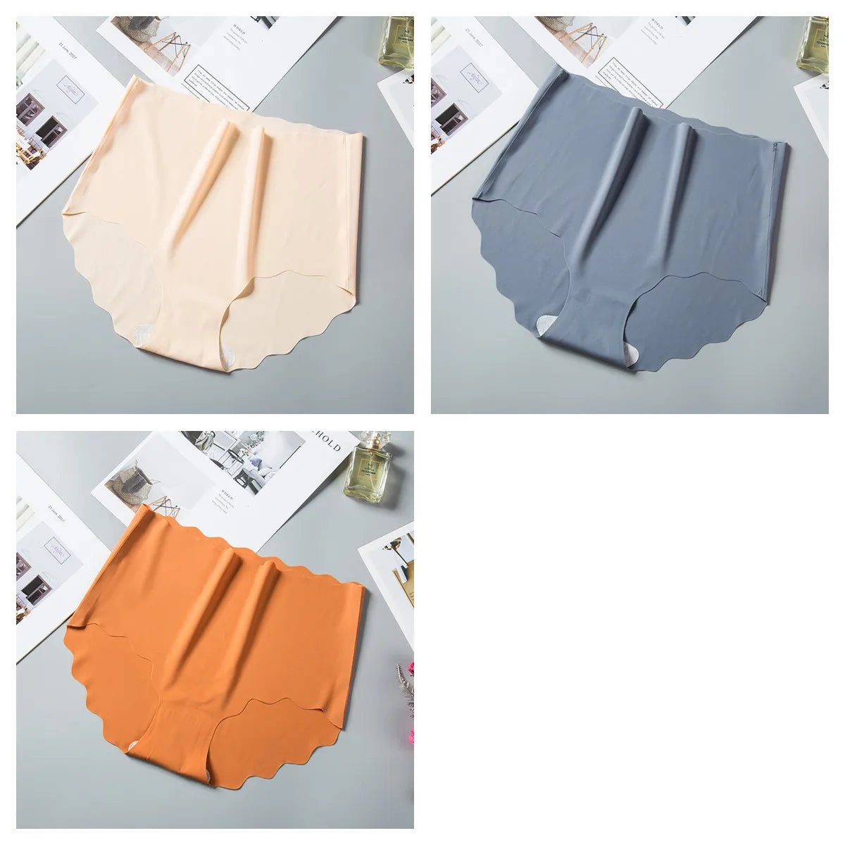 3Pcs/Set Women Ice Silk Panties Wavy Trim Seamless Underwear High Waist Panty No Show Briefs Invisible Ladies Lingerie M-XXL