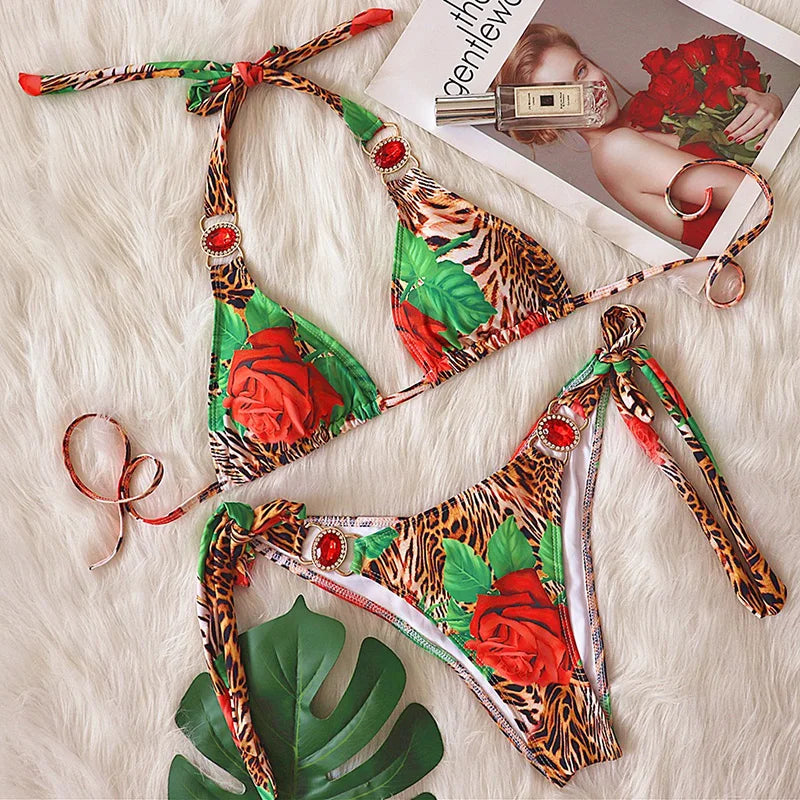 Halter Rhinestone Diamond Bikini Women Swimsuit Female Bikinis Metal Chain Swimwear Two Pieces Bikini Set Bathing Suit Swim Lady