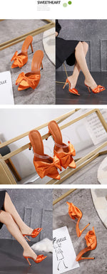 2025 Silk Butterfly Knot Women PVC Slippers Mule 11cm High Heels Slippers Luxury Sandals Pointed Toe Strappy Slides Party Shoes