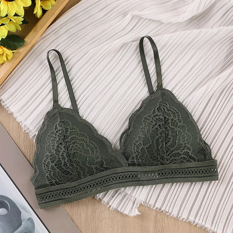Women Bralette Sexy Lingerie French Style Lace Bra Triangle Cup Brassiere V-neck Solid Color Adjustable Underwear Padded Bra