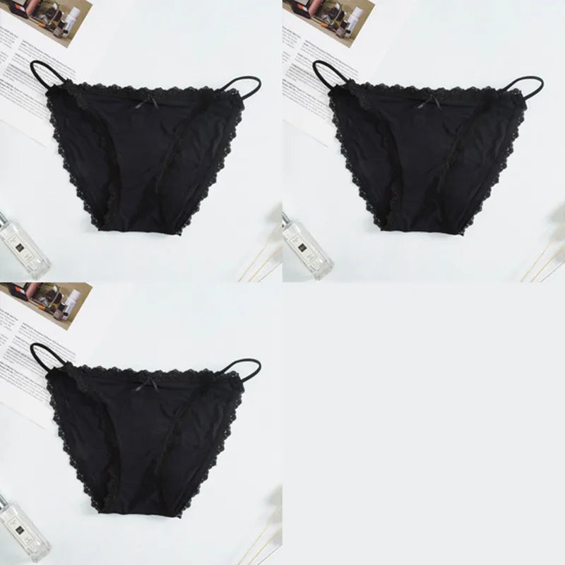 3Pcs/Set Sexy Women Brazilian Panties Ice Silk Briefs Female Underpants Seamless Underwear Lace Trims Low Rise Briefs M-XL