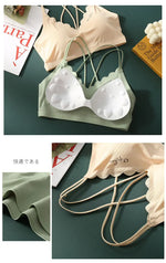 Scalloped Wave V Neck Rib Bralette Women Underwear Fixed Thin Shoulder Straps Detachable Heart Shape Foam Pads Lounge Inner Bra