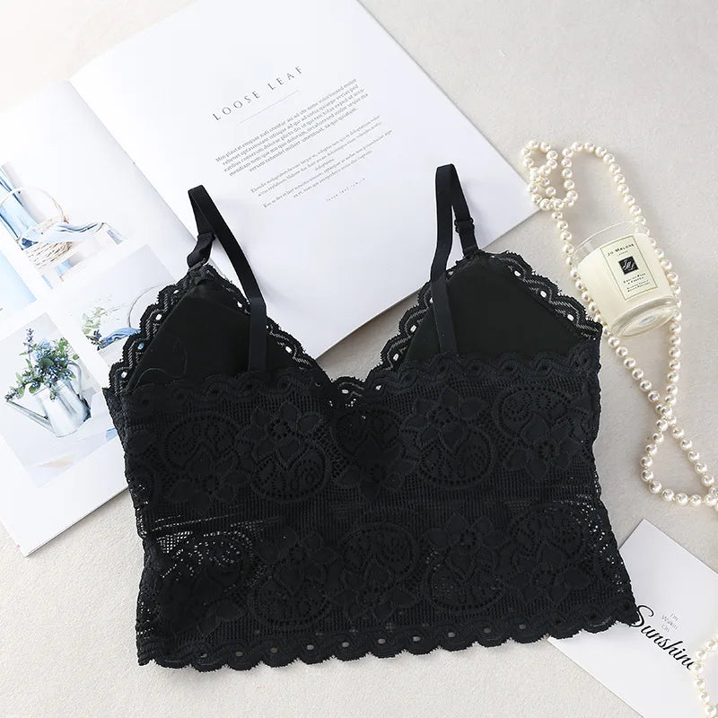 Women Full Floral Lace V-Neck Bralette One Size Scalloped Lace Wireless Camisole Bra Detachable Adjustable Thin Straps Lingerie