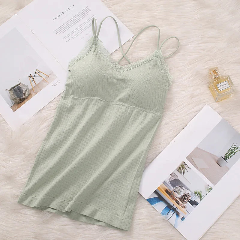 Women Vertical Rib Long Camisole With Crisscross Thin Straps Romantic Lace Trim V Neck Built-In Chest Pads Daily Inner Sling Top