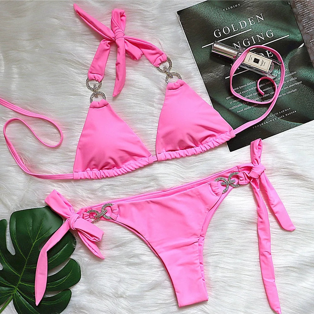Luxury Rhinestones Bikin 2026 New Women Solid Red Blue Bandage Cross Diamond Thong Swinsuit Beach Bathing Suit Swimwear Biquini
