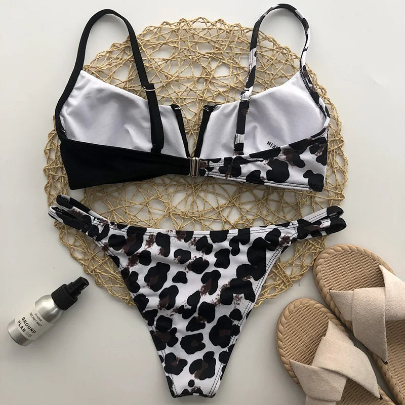 Ribbed Polka Dot Bikinis V-Bar Underwired Bikini Women Swimwear Female Swimsuit Two Pieces Bikini Set High Cut Bathing Suit Swim