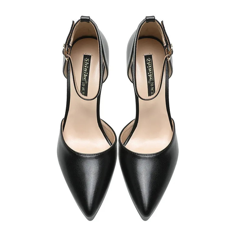 2025 Summer Brand Ankle Straps Womens Sandals 10 Cm Sexy Pointed Toe Platform Pumps Matte Leather Ladies High Heels Size 32 33