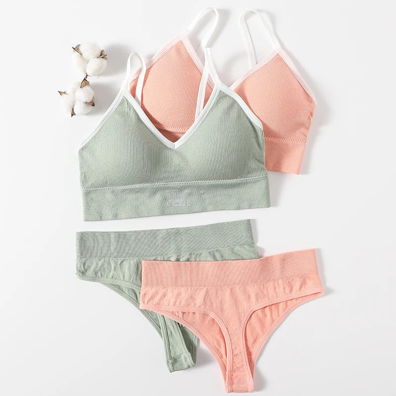 Women Seamless Bra And Panties Set High Rise Thongs Non-wire Sports Bra Comfy Brassiere Female Underwear Sexy Lingerie Set