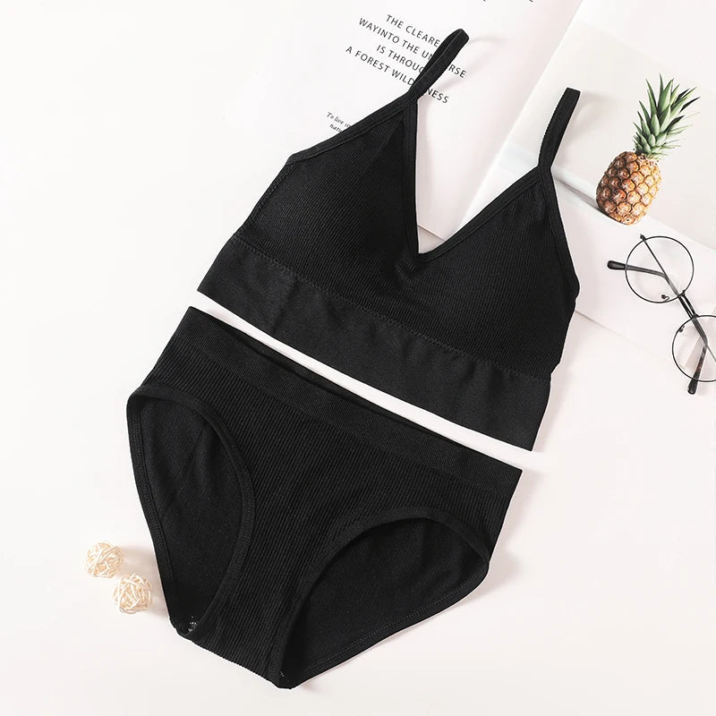 Women Bra Panties Set Seamless Bra Cropped Bralette Crop Top Low Back Brassieres Sexy Lingerie Push Up Bra Sexy Underwear Set