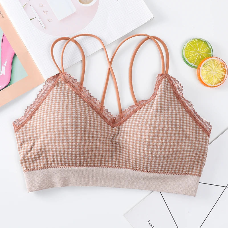 Gingham Lace Cross-Back Bralette Wireless Wrap Bra Sexy Lingerie Stretchy Beauty Cross Back Underwear Plaid Lace Trim Tube Bra