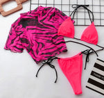 Zebra Print Mesh Short Sleeve Halter Mini Micro Bikini Female Swimsuit Women Swimwear Three-pieces Bikini set Bathing Suit Swim